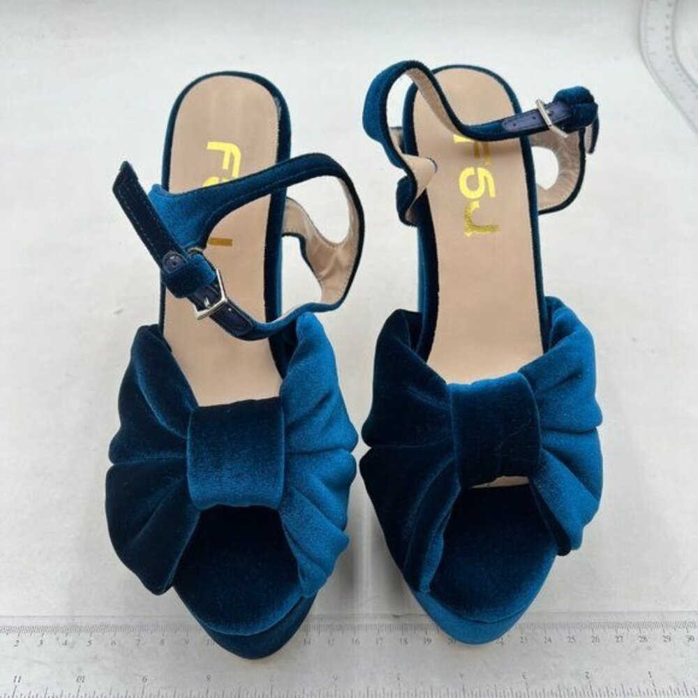 FSJ Women Platform Chunky Block High Heel Sandals Peep Toe Ankle Strap Blue - Picture 3 of 8